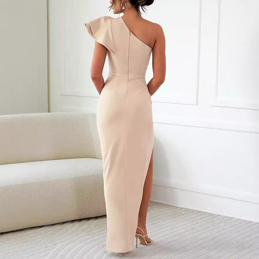 Caz - Off-shoulder Ruffle Sleeve Slit Dress