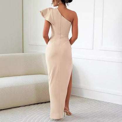 Caz - Off-shoulder Ruffle Sleeve Slit Dress